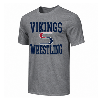 Heather grey tee with navy Vikings stacked above a red and navy S logo and navy Wrestling across the chest