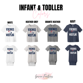 Infant and toddler color chart showing White, Heather Grey, Granite Heather, and Navy tees and bodysuits with Vikings stacked above an S logo and Wrestling