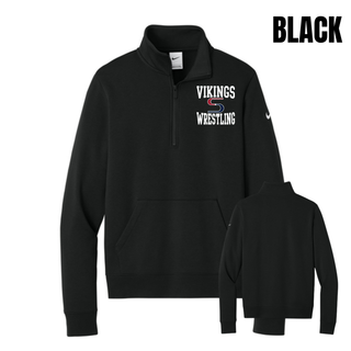 Black women's club fleece half-zip with white Vikings stacked above a red and navy S logo and Wrestling, shown from the front and back
