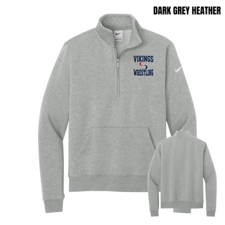Dark Grey Heather women's club fleece half-zip with navy Vikings stacked above a red and navy S logo and Wrestling, shown from the front and back