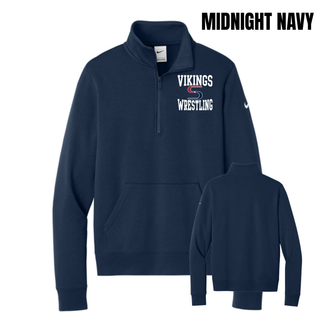 Midnight Navy women's club fleece half-zip with white Vikings stacked above a red and navy S logo and Wrestling, shown from the front and back