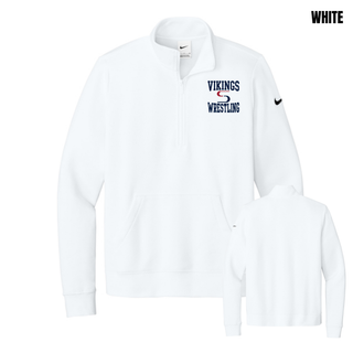 White women's club fleece half-zip with navy Vikings stacked above a red and navy S logo and Wrestling, shown from the front and back