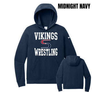 Midnight Navy women's club fleece pullover hoodie with white Vikings stacked above a red and navy S logo and Wrestling, shown from the front and back