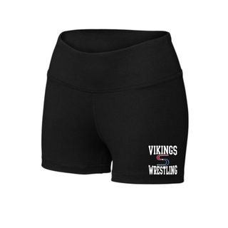 Black women's interval performance shorts with white Vikings stacked above a red and navy S logo and white Wrestling near the hem of the left leg