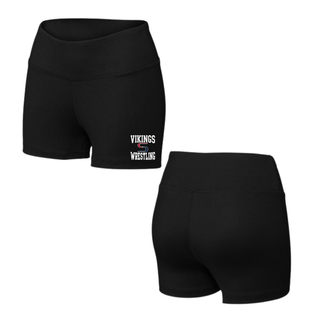 Black women's interval performance shorts shown front and back, with white Vikings stacked above a red and navy S logo and white Wrestling near the hem of the left leg