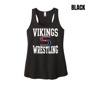 Black women's racerback tank with white Vikings stacked above a red and navy S logo and Wrestling