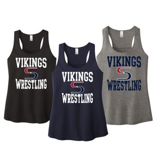 Black, New Navy, and Grey Frost women's racerback tanks side by side, each with Vikings stacked above an S logo and Wrestling