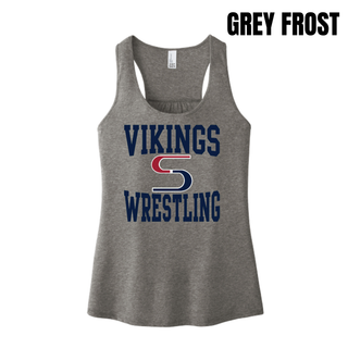 Grey Frost women's racerback tank with navy Vikings stacked above a red and navy S logo and Wrestling