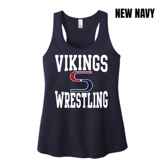 New Navy women's racerback tank with white Vikings stacked above a red and navy S logo and Wrestling
