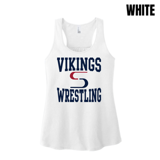 White women's racerback tank with navy Vikings stacked above a red and navy S logo and Wrestling
