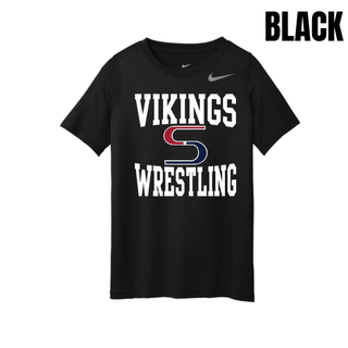 Black youth rLegend tee with white Vikings stacked above a red and navy S logo and Wrestling