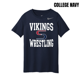 College Navy youth rLegend tee with white Vikings stacked above a red and navy S logo and Wrestling