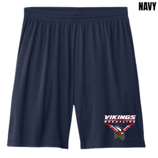 Seaman Vikings Wrestling Warrior Cooling Performance Shorts mockup featuring VIKINGS and WRESTLING lettering, a Viking head, and cardinal red and navy accents.