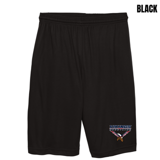 Seaman Vikings Wrestling Warrior Cooling Performance Shorts mockup featuring VIKINGS and WRESTLING lettering, a Viking head, and cardinal red and navy accents.