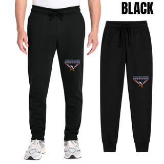 Seaman Vikings Wrestling Warrior Core Fleece Joggers mockup featuring VIKINGS and WRESTLING lettering, a Viking head, and cardinal red and navy accents.