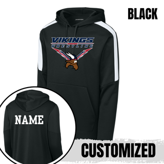 Seaman Vikings Wrestling Warrior Fan Favorite Hoodie mockup featuring VIKINGS and WRESTLING lettering, a Viking head, and cardinal red and navy accents.