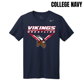 Seaman Vikings Wrestling Warrior Men's rLegend Tee mockup featuring VIKINGS and WRESTLING lettering, a Viking head, and cardinal red and navy accents.