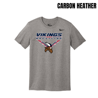 Seaman Vikings Wrestling Warrior Men's rLegend Tee mockup featuring VIKINGS and WRESTLING lettering, a Viking head, and cardinal red and navy accents.