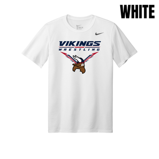 Seaman Vikings Wrestling Warrior Men's rLegend Tee mockup featuring VIKINGS and WRESTLING lettering, a Viking head, and cardinal red and navy accents.