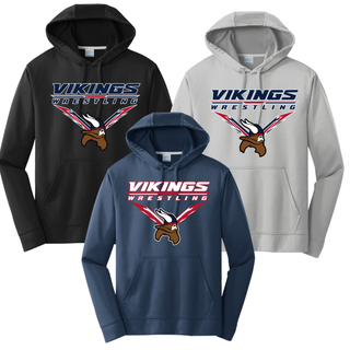Seaman Vikings Wrestling Warrior Performance Hoodie mockup featuring VIKINGS and WRESTLING lettering, a Viking head, and cardinal red and navy accents.