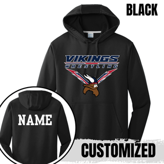 Seaman Vikings Wrestling Warrior Performance Hoodie mockup featuring VIKINGS and WRESTLING lettering, a Viking head, and cardinal red and navy accents.