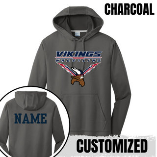 Seaman Vikings Wrestling Warrior Performance Hoodie mockup featuring VIKINGS and WRESTLING lettering, a Viking head, and cardinal red and navy accents.