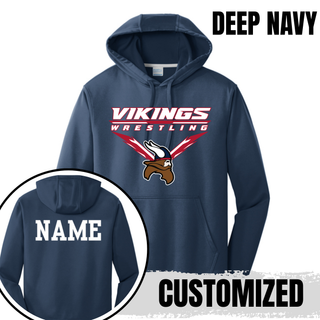 Seaman Vikings Wrestling Warrior Performance Hoodie mockup featuring VIKINGS and WRESTLING lettering, a Viking head, and cardinal red and navy accents.