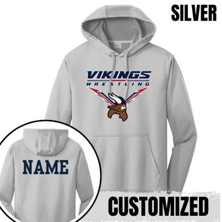 Seaman Vikings Wrestling Warrior Performance Hoodie mockup featuring VIKINGS and WRESTLING lettering, a Viking head, and cardinal red and navy accents.