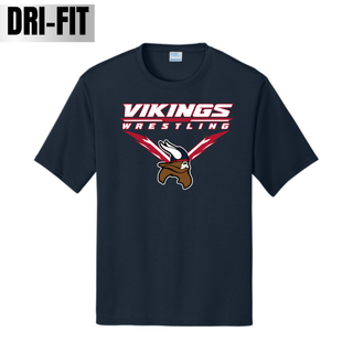 Deep Navy Seaman Vikings performance tee with VIKINGS and WRESTLING lettering, Viking head, and cardinal red and navy accents