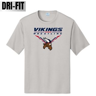 Silver Seaman Vikings performance tee with VIKINGS and WRESTLING lettering, Viking head, and cardinal red and navy accents