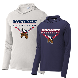 Seaman Vikings Wrestling Warrior PosiCharge Hooded Pullover mockup featuring VIKINGS and WRESTLING lettering, a Viking head, and cardinal red and navy accents.