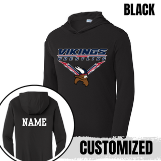 Seaman Vikings Wrestling Warrior PosiCharge Hooded Pullover mockup featuring VIKINGS and WRESTLING lettering, a Viking head, and cardinal red and navy accents.