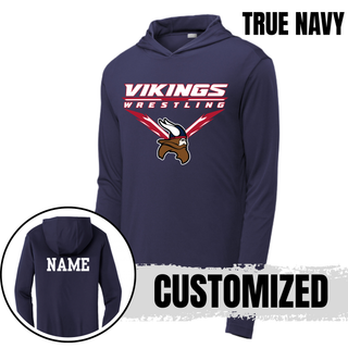 Seaman Vikings Wrestling Warrior PosiCharge Hooded Pullover mockup featuring VIKINGS and WRESTLING lettering, a Viking head, and cardinal red and navy accents.