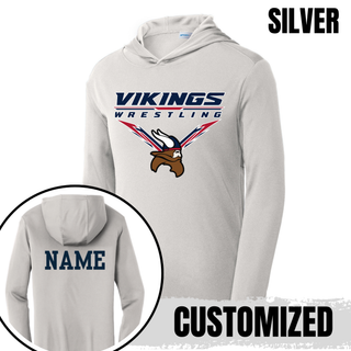 Seaman Vikings Wrestling Warrior PosiCharge Hooded Pullover mockup featuring VIKINGS and WRESTLING lettering, a Viking head, and cardinal red and navy accents.