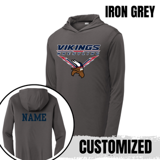 Seaman Vikings Wrestling Warrior PosiCharge Hooded Pullover mockup featuring VIKINGS and WRESTLING lettering, a Viking head, and cardinal red and navy accents.