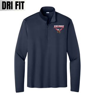 Seaman Vikings Wrestling Warrior PosiCharge Quarter-Zip mockup featuring VIKINGS and WRESTLING lettering, a Viking head, and cardinal red and navy accents.