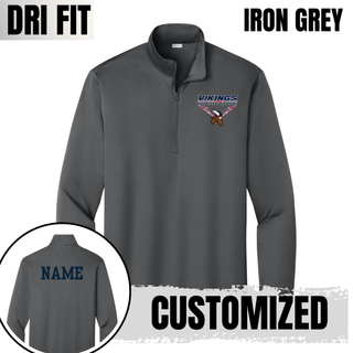 Seaman Vikings Wrestling Warrior PosiCharge Quarter-Zip mockup featuring VIKINGS and WRESTLING lettering, a Viking head, and cardinal red and navy accents.