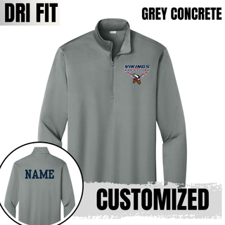 Seaman Vikings Wrestling Warrior PosiCharge Quarter-Zip mockup featuring VIKINGS and WRESTLING lettering, a Viking head, and cardinal red and navy accents.