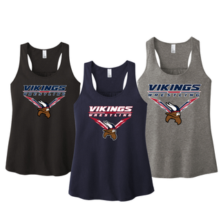 Seaman Vikings Wrestling Warrior Racerback Tank mockup featuring VIKINGS and WRESTLING lettering, a Viking head, and cardinal red and navy accents.