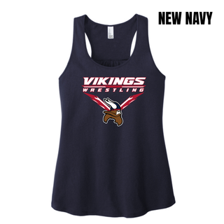 Seaman Vikings Wrestling Warrior Racerback Tank mockup featuring VIKINGS and WRESTLING lettering, a Viking head, and cardinal red and navy accents.
