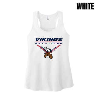 Seaman Vikings Wrestling Warrior Racerback Tank mockup featuring VIKINGS and WRESTLING lettering, a Viking head, and cardinal red and navy accents.