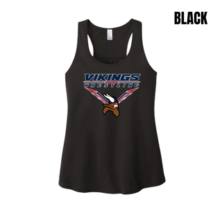 Seaman Vikings Wrestling Warrior Racerback Tank mockup featuring VIKINGS and WRESTLING lettering, a Viking head, and cardinal red and navy accents.