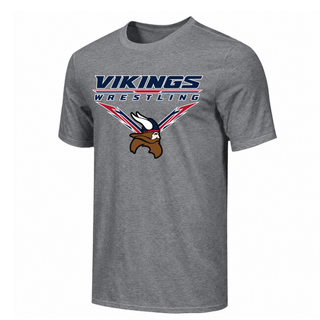 Heather grey short sleeve shirt with VIKINGS and WRESTLING lettering, cardinal red and navy accents, and a Viking head design
