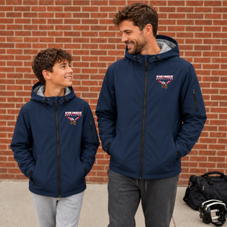 Seaman Vikings Wrestling Warrior Waterproof Insulated Jacket mockup featuring VIKINGS and WRESTLING lettering, a Viking head, and cardinal red and navy accents.