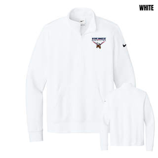Seaman Vikings Wrestling Warrior Women's Club Fleece Half-Zip mockup featuring VIKINGS and WRESTLING lettering, a Viking head, and cardinal red and navy accents.