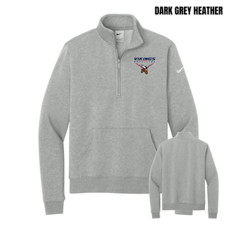 Seaman Vikings Wrestling Warrior Women's Club Fleece Half-Zip mockup featuring VIKINGS and WRESTLING lettering, a Viking head, and cardinal red and navy accents.