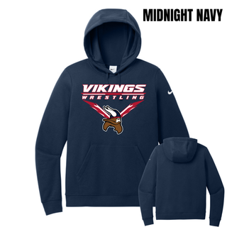 Seaman Vikings Wrestling Warrior Women's Club Fleece Pullover Hoodie mockup featuring VIKINGS and WRESTLING lettering, a Viking head, and cardinal red and navy accents.
