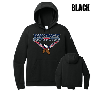 Seaman Vikings Wrestling Warrior Women's Club Fleece Pullover Hoodie mockup featuring VIKINGS and WRESTLING lettering, a Viking head, and cardinal red and navy accents.