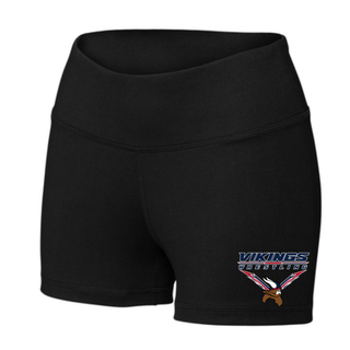 Seaman Vikings Wrestling Warrior Women's Interval Performance Shorts mockup featuring VIKINGS and WRESTLING lettering, a Viking head, and cardinal red and navy accents.