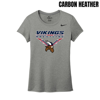Seaman Vikings Wrestling Warrior Women's rLegend Tee mockup featuring VIKINGS and WRESTLING lettering, a Viking head, and cardinal red and navy accents.